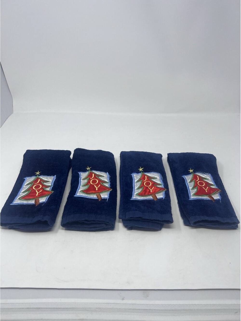 Set of 4 Christmas JOY Tree Embroidered Navy Blue Hand Towels Holiday Decor vtg
